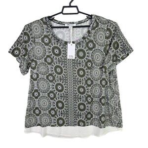 Womens Rose + Olive Green & White Geometric Print Top Short Sleeve Rayon 1X